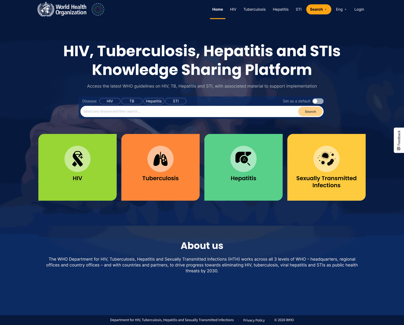 The home page: title, disease selector, search, and four coloured cards for HIV, tuberculosis, hepatitis and STIs