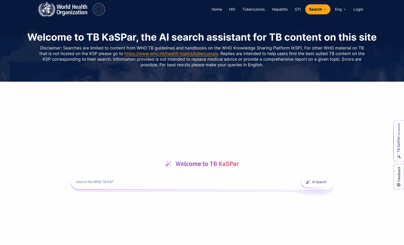 The AI search assistant, scoped to WHO tuberculosis content, with its disclaimer above the search field
