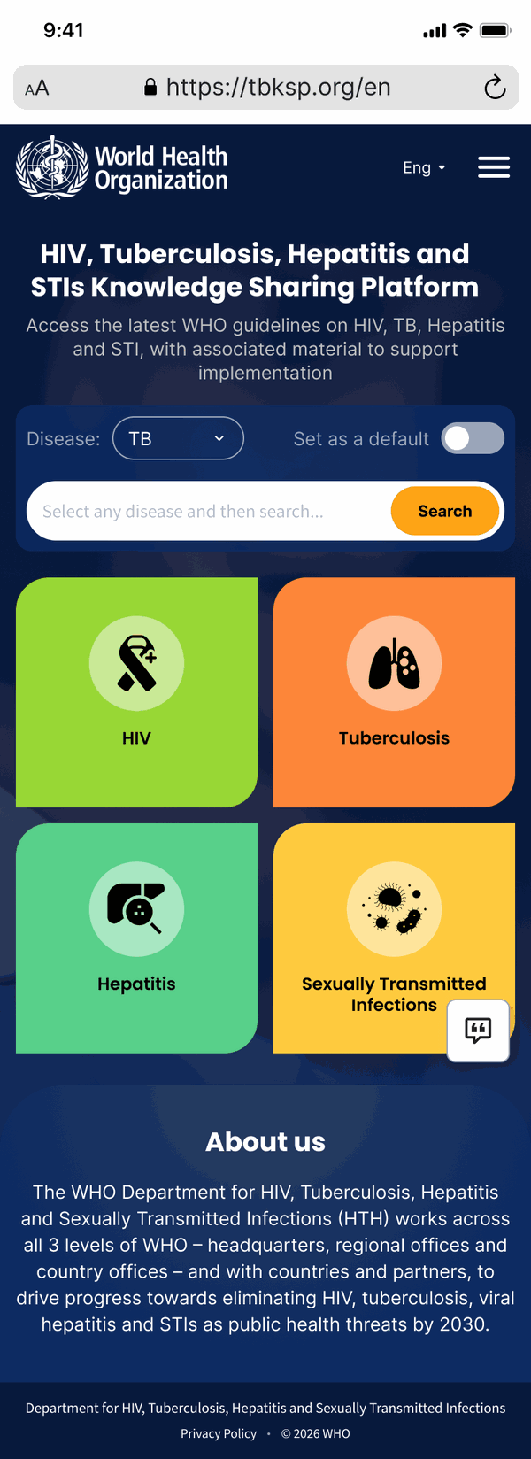 The home page on a phone, with the disease selector and four cards