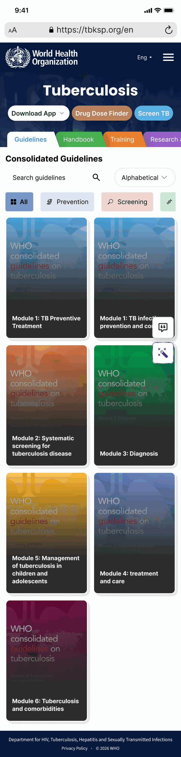 The tuberculosis section on a phone, with tools, five tabs and coloured category chips