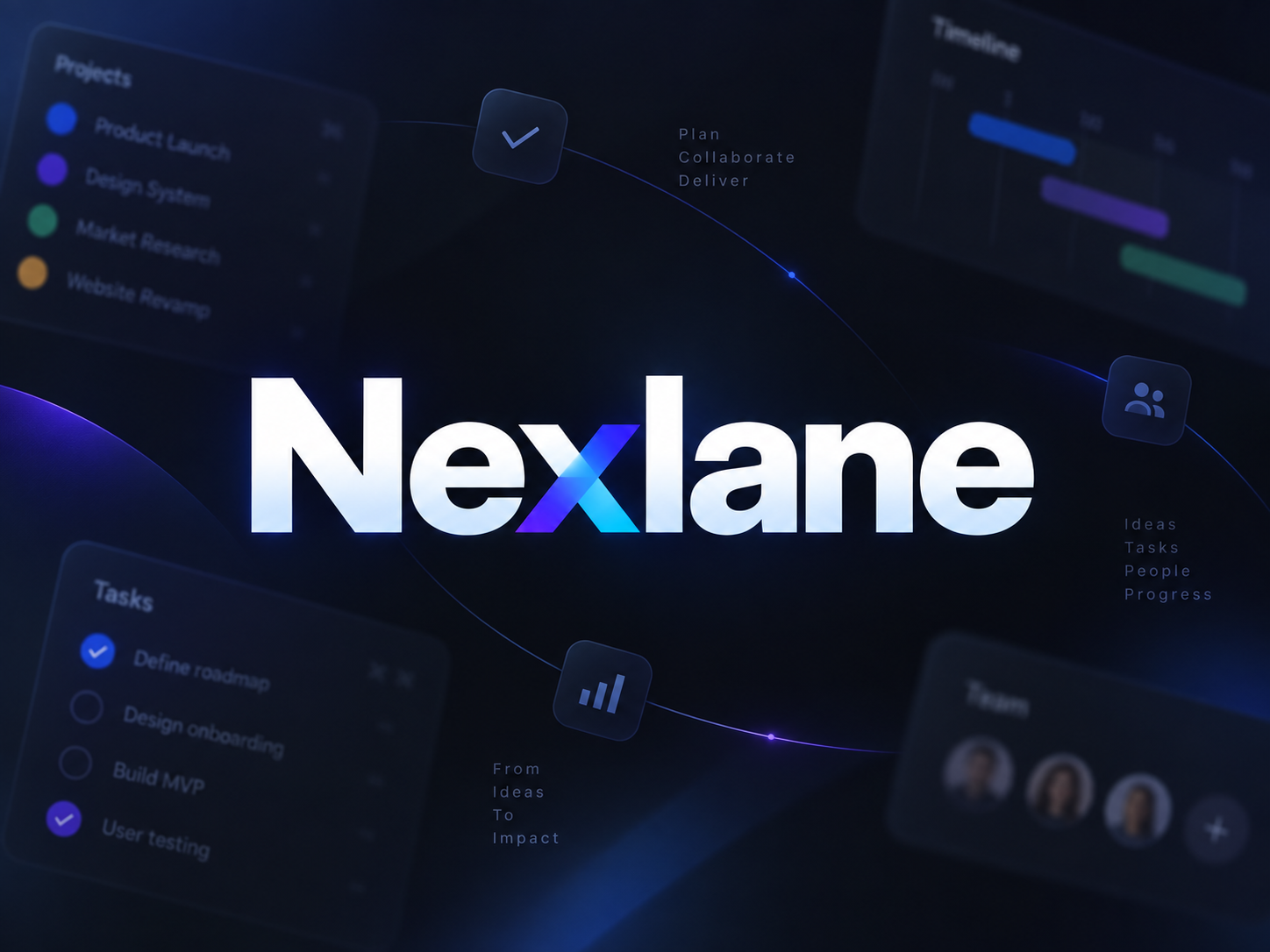 Nexlane cover art — the wordmark over project, timeline and task panels