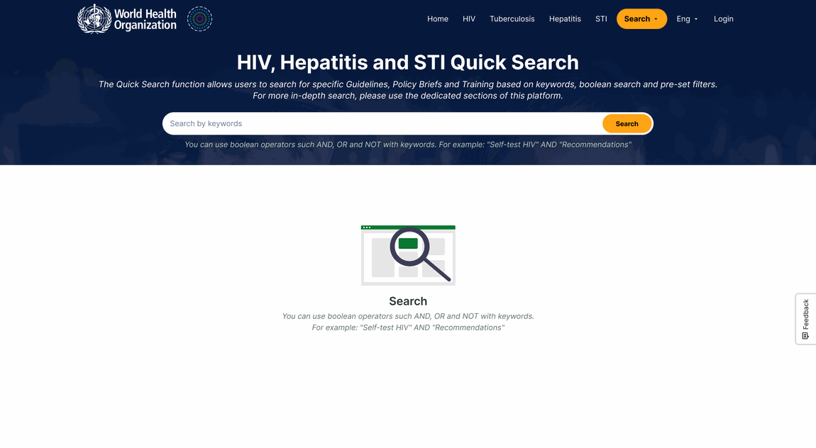 Quick search for HIV, hepatitis and STIs: a keyword field and an empty state explaining how to search