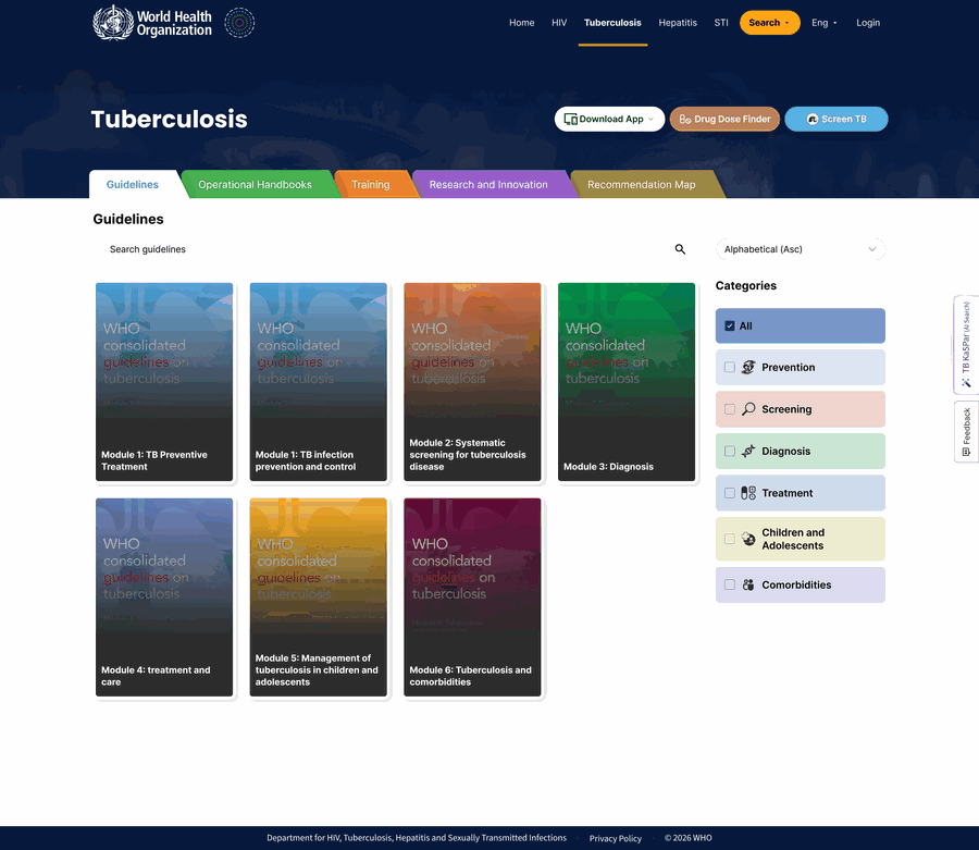 The tuberculosis section: five tabs, six coloured categories and three tools in the header